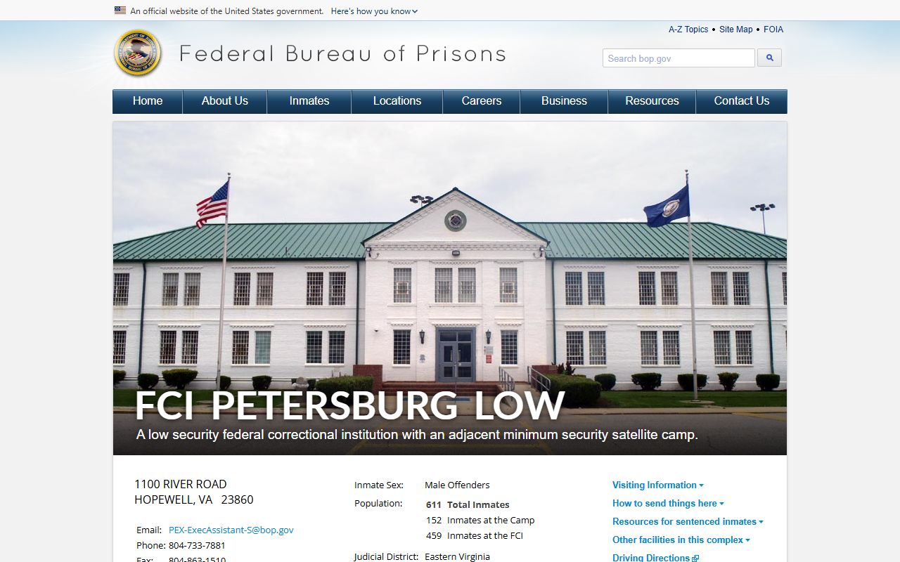 FCI Petersburg Low federal inmate population facility page for Prince George County Virginia