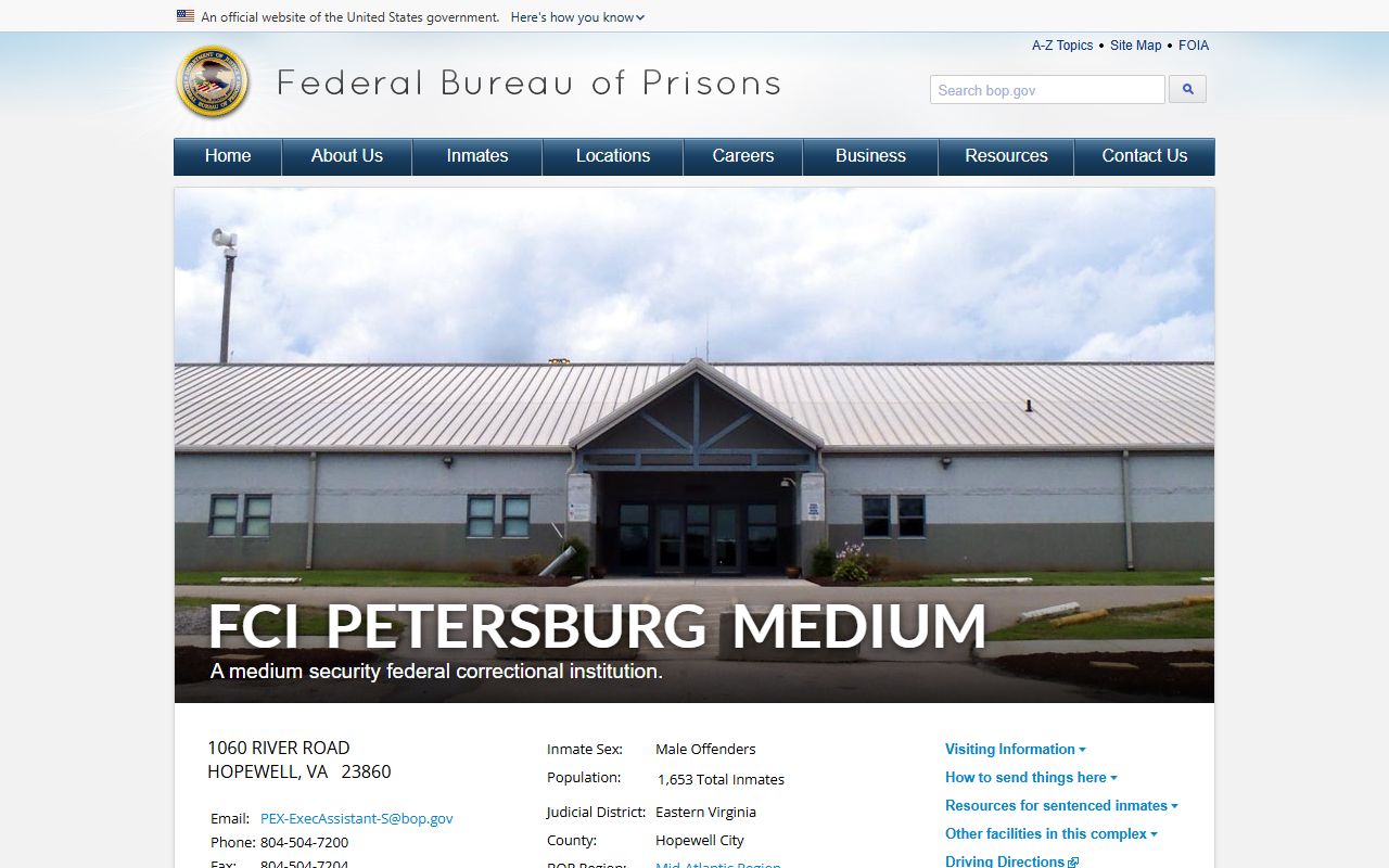 FCI Petersburg Medium federal custody search facility page for Prince George County Virginia