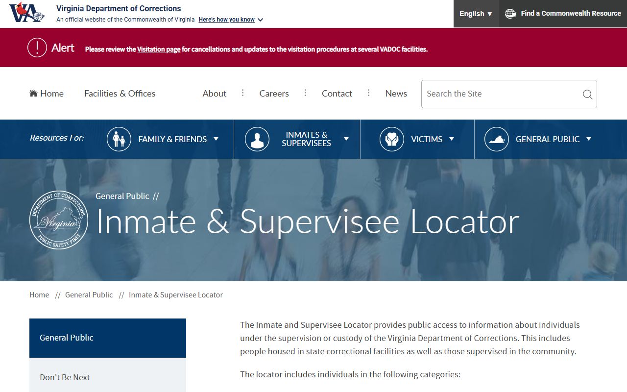 Prince George County inmate population VADOC inmate supervisee locator